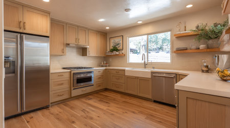 A modern kitchen featuring natural light, sleek cabinetry, stainless appliances, and warm wood flooring. Perfect for cooking, entertaining, or home renovations.の素材