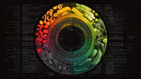 A vivid and detailed data visualization showcasing nutritional values across various food categories, emphasizing healthy eating practices and dietary information.の素材