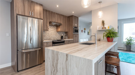A modern kitchen showcasing sleek design elements and ample natural light. The space features wood cabinetry, stainless steel appliances, and a stylish island, perfect for home cooking and entertaining.の素材