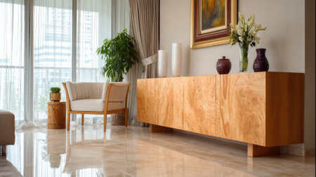 A stylish living room featuring elegant wooden furniture, large windows allowing natural light, and tasteful decor, creating a warm and inviting atmosphere.の素材