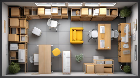 A stylish modern office layout featuring a bright yellow chair, sleek desks, and organized shelving. The design promotes productivity and creativity in workspaces.の素材