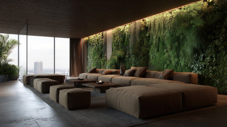 A modern living room featuring a cozy layout with soft cushions, a wooden table, and a stunning green wall, perfect for relaxation and stylish living.の素材