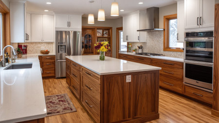 Discover a beautifully designed modern kitchen featuring sleek cabinetry, an inviting island, and bright lighting. Perfect for any culinary enthusiast!の素材