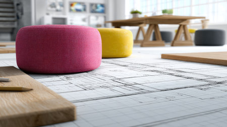 A vibrant workspace showcasing colorful poufs along with architectural sketches. The modern office setup promotes creativity and comfort in an inspiring environment.の素材