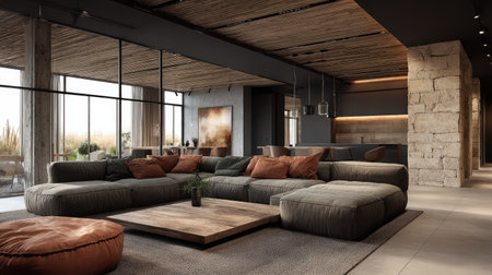 This modern living room features cozy furniture, stylish decor elements, and a spacious layout that invites relaxation and comfort. The warm tones enhance the inviting atmosphere.の素材