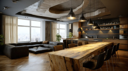 A beautifully designed modern apartment featuring a spacious living area with stylish furniture, a large wooden table, and abundant natural light, perfect for relaxation and entertaining.の素材