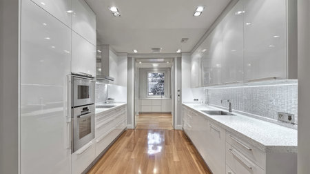 A bright and modern kitchen featuring glossy white cabinets, elegant countertops, and warm wood flooring. This minimalist design creates an inviting culinary space.の素材