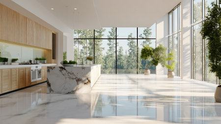This modern kitchen features a stunning marble island and large windows that invite natural light. The minimalist design creates a serene and stylish atmosphere.の素材