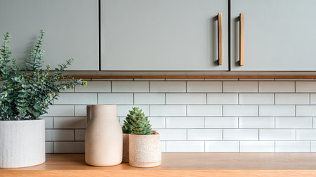 This image showcases a modern kitchen decor featuring stylish vases and succulent plants. The clean lines and neutral tones offer a tranquil, inviting atmosphere.の素材