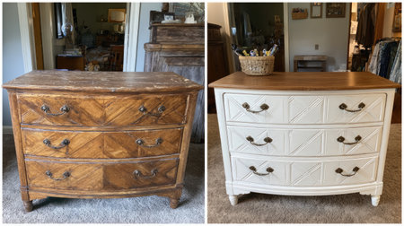 This image showcases a stunning transformation of vintage furniture, highlighting the contrast between its original wood finish and sleek white restoration, ideal for design inspiration.の素材