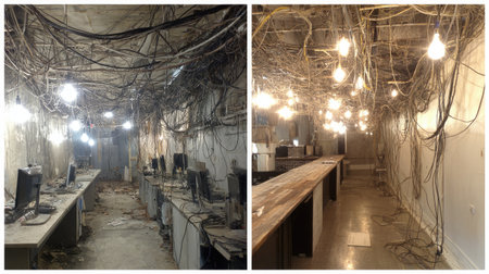 An untidy office space filled with exposed wires and dim lights, showcasing a contrast between modern technology and decay. The chaotic environment suggests neglect and disruption.の素材