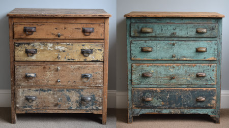 This vintage chest of drawers features a weathered finish with distressed colors, perfect for adding rustic charm and character to any home decor.の素材