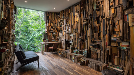 A cozy reading nook featuring a unique wooden wall bookshelf. Surrounded by lush greenery, this tranquil space invites relaxation and creativity. Perfect for book lovers.の素材