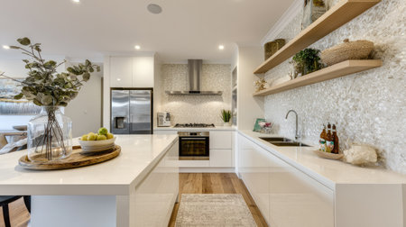 This elegant kitchen showcases modern design elements with bright lighting and natural accents. Perfect for cooking, hosting, and enjoying meals in comfort.の素材