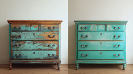This image showcases two vintage dressers, one in natural wood and the other in turquoise. Both pieces exhibit beautiful distressing, adding charm to any interior space.の素材