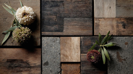 A beautiful arrangement of flowers on a rustic wooden and stone surface. This image captures the natural elegance and texture, perfect for design or decor inspiration.の素材