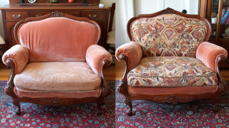 This image showcases a vintage armchair before and after restoration, highlighting the transformation through upholstery changes and meticulous craftsmanship.の素材