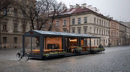 A modern outdoor cafe displaying inviting wooden tables and greenery in a quiet urban setting. The design features large glass walls that enhance the cozy dining space, creating a perfect atmosphere for casual meals.の素材