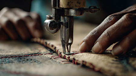 A detailed close-up of hands at work on a sewing machine, skillfully stitching fabric. The image showcases the intricate details involved in the sewing process.の素材