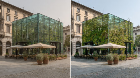 A striking modern glass restaurant blends seamlessly with its environment, featuring lush greenery and outdoor seating. This contemporary design invites diners to enjoy a unique urban experience surrounded by nature.の素材