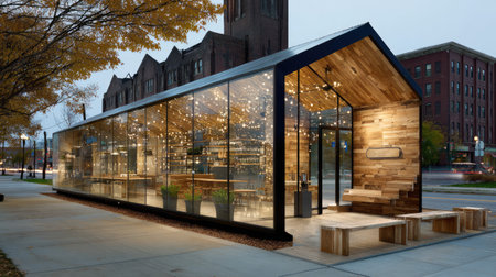 A striking modern glass building with wooden elements and warm interior lights. Ideal for showcasing urban architecture and inviting public spaces at dusk.の素材