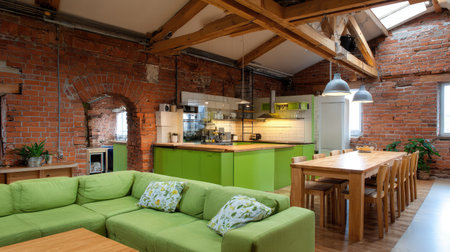 Bright and inviting industrial-style kitchen and living area featuring exposed brick walls, green cabinetry, wood beams, and stylish furniture perfect for gatherings.の素材