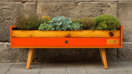 A contemporary orange planter box featuring lush succulents, set against a rustic stone wall. This image captures the blend of modern design and natural beauty.の素材