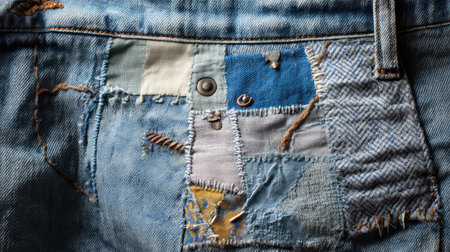 Close-up view of artistic patchwork on denim fabric showcasing vibrant colors and various textures. Perfect for fashion, design, and textile artistry projects.の素材