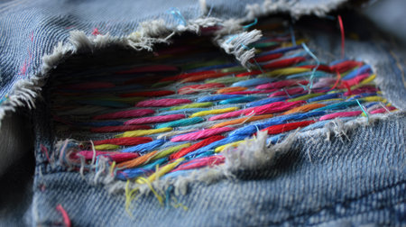 Close-up view of vibrant threads stitched into frayed denim fabric, showcasing creative embroidery and textile craftsmanship. Perfect for design and fashion themes.の素材