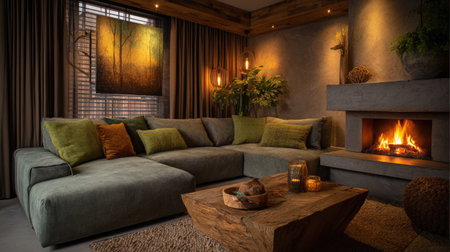 This image depicts a cozy living room featuring a modern sofa, warm lighting, and a tranquil atmosphere. A fireplace enhances the inviting space.の素材