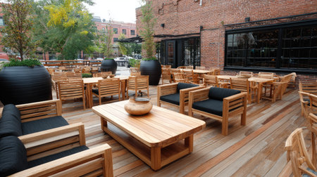 A cozy outdoor dining area featuring wooden furniture and a rustic brick wall backdrop. Perfect for leisure and relaxation in an urban environment.の素材