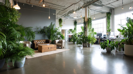 This image showcases a stylish office interior filled with lush greenery and natural light, creating an inviting atmosphere for creativity and productivity.の素材
