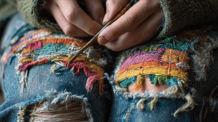 A close-up view of hands engaged in embroidery on distressed denim jeans, showcasing vibrant colors and intricate stitching techniques. The artistry reflects creativity and individuality.の素材