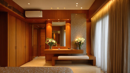 This modern bedroom features elegant wooden finishes, soft lighting, and a stylish decor. The space is inviting and relaxing, perfect for restful moments.の素材