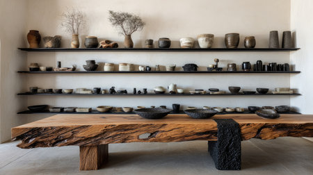 A serene setting showcasing an array of unique pottery pieces on shelves above a rustic wooden table, perfect for enhancing home aesthetics and artistic expression.の素材