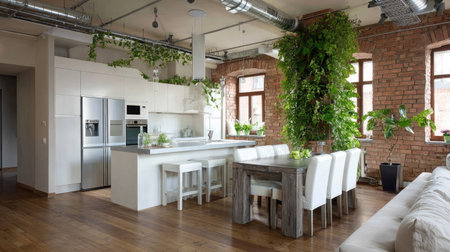 A stylish modern kitchen featuring abundant greenery and rustic elements. The space showcases natural light, a cozy dining area, and a vibrant atmosphere.の素材