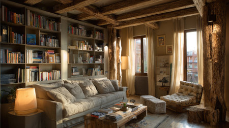 Discover a cozy living room featuring wooden beams and full bookshelves. The inviting space combines natural light and stylish decor for a warm atmosphere.の素材