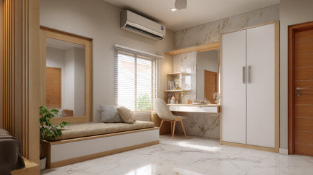 A serene and stylish interior showcasing a modern minimalist room filled with natural light. Ideal space for relaxation and productivity, featuring elegant furniture.の素材