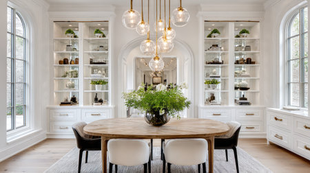 A bright and inviting modern dining room featuring a wooden table and elegant lighting fixtures. The shelves showcase greenery and decorative items, enhancing the aesthetic appeal.の素材