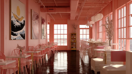 Bright pink restaurant interior featuring large windows, stylish furniture, and elegant decor. A perfect cozy space for dining and social gatherings.の素材