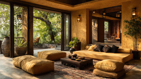 This captivating living room blends natural light with cozy furnishings, creating a serene atmosphere. Perfect for relaxation and gatherings with a beautiful outdoor view.の素材