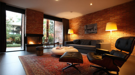 A cozy modern living room featuring a stylish brick wall, inviting furniture, and warm lighting. The design offers a perfect blend of comfort and aesthetics, ideal for relaxation.の素材