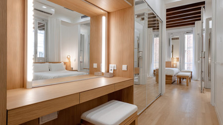 A modern, cozy bedroom featuring a stylish vanity table, ample natural light, and elegant wooden elements. Ideal for showcasing contemporary interior design.の素材