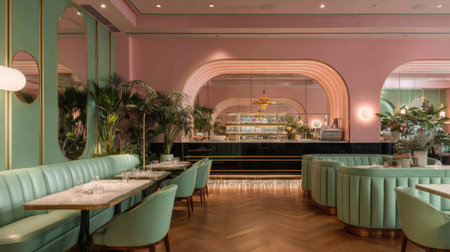 Stunning restaurant interior featuring chic green seating and pink walls, exuding elegance and style, perfect for capturing a vibrant dining atmosphere.の素材