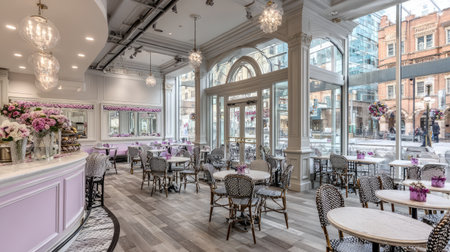 A beautiful cafe interior featuring light colors, elegant furnishings, and floral decor. Perfect for capturing the essence of relaxation and urban dining.の素材