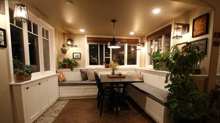 This cozy kitchen nook features modern design elements, comfortable seating, and decorative plants. Perfect for family meals or relaxing moments with friends.の素材