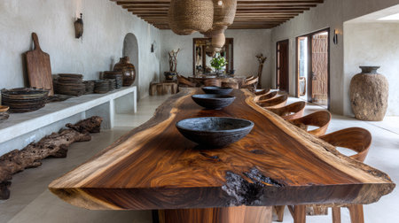 A spacious dining room featuring a stunning wooden table, elegant chairs, and natural decor. The room blends modern and rustic elements for a harmonious atmosphere.の素材