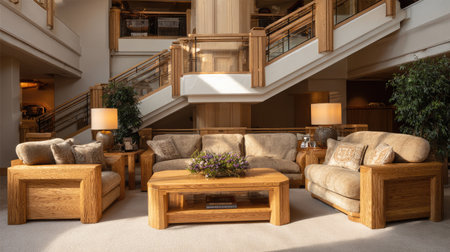 Discover a cozy living room featuring modern oak furniture and soft textiles, creating an inviting space perfect for relaxation and conversation in a stylish setting.の素材