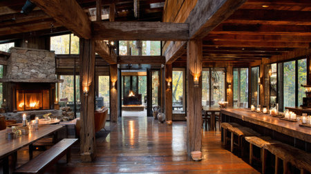 This inviting rustic cabin interior showcases natural wood beams, a warm fireplace, and large windows, creating a cozy atmosphere perfect for relaxation and comfort.の素材