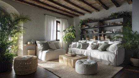 This cozy living room features natural light, lush plants, and elegant decor. The inviting atmosphere blends comfort with modern design for a serene space.の素材
